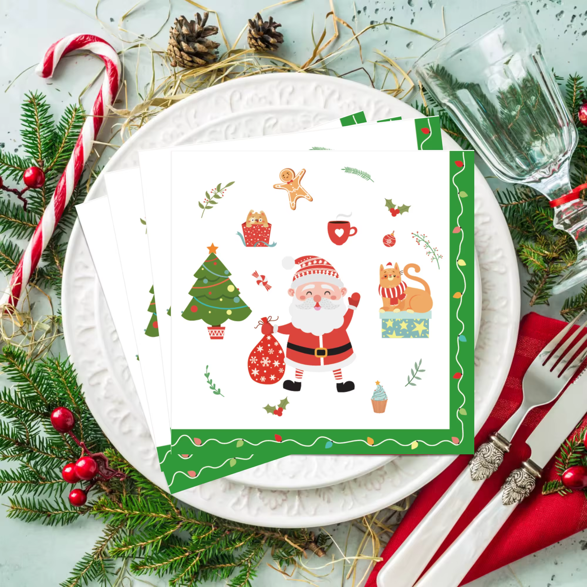 20 serviettes en papier à thème Père Noël de dessin animé - Arbre