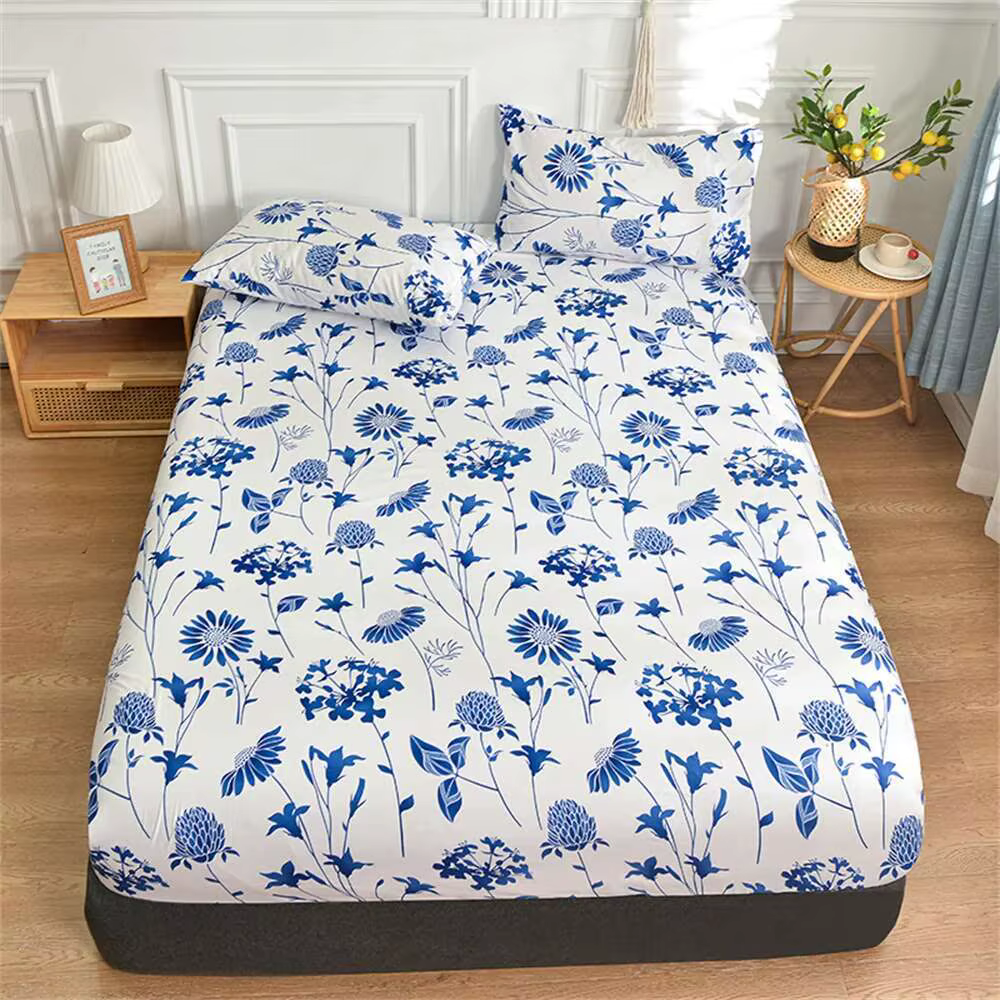 Drap-housse à fleurs bleues – Housse de matelas imprimée réactive Twin/Queen/King Size avec bords élastiques (180 x 200 cm) ​