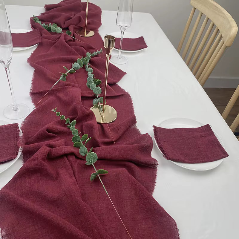 Chemin de Table bordeaux 100% gaze de coton pour décoration de mariage