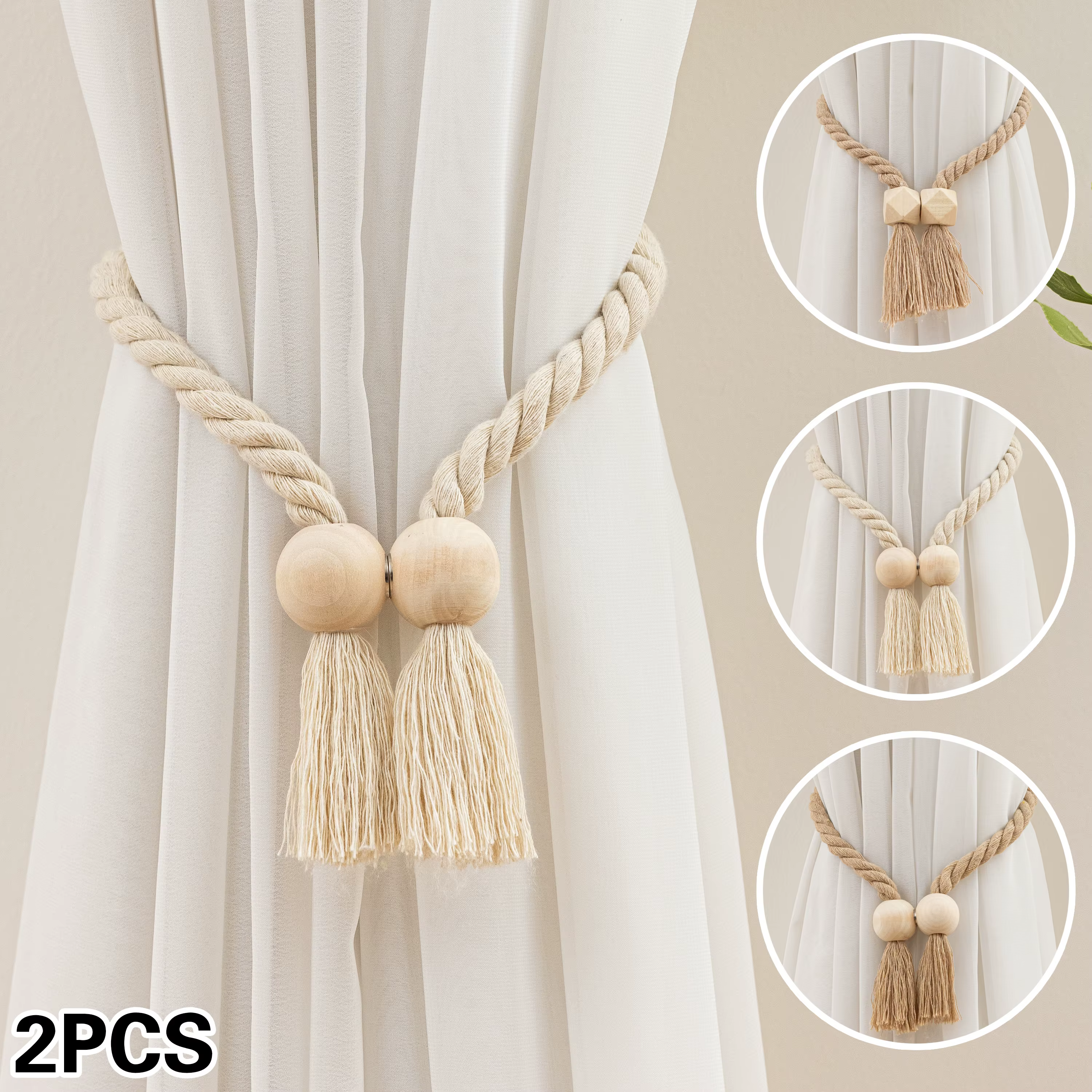 2 attaches de rideaux conçues en perles de bois