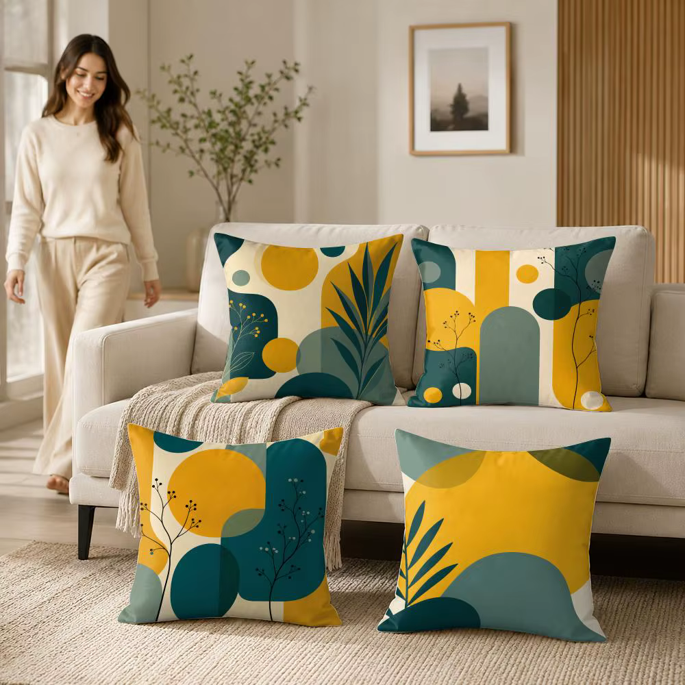 Housse de coussin florale jaune moutarde et turquoise