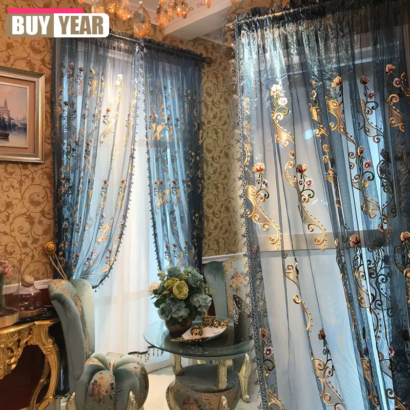 Nouveau Style chambre salon baie vitrée rideau de gaze française blanc bleu