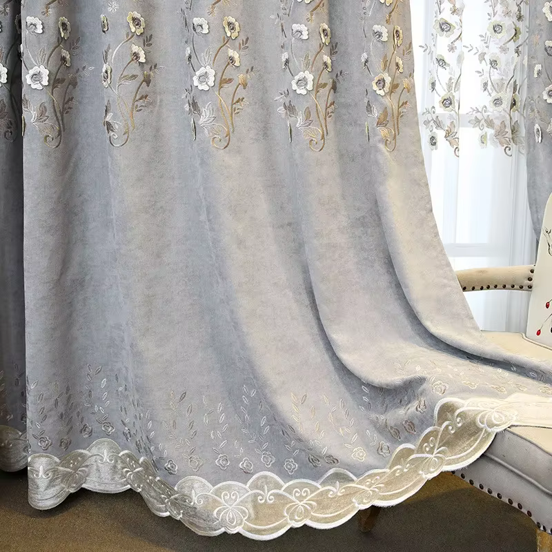 Rideaux pastoraux roses en Chenille brodés simples et légers