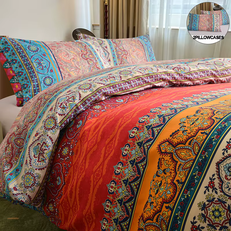 Ensemble de housse de couette bohème élégance en polyester brossé avec taies d'oreiller – Confort