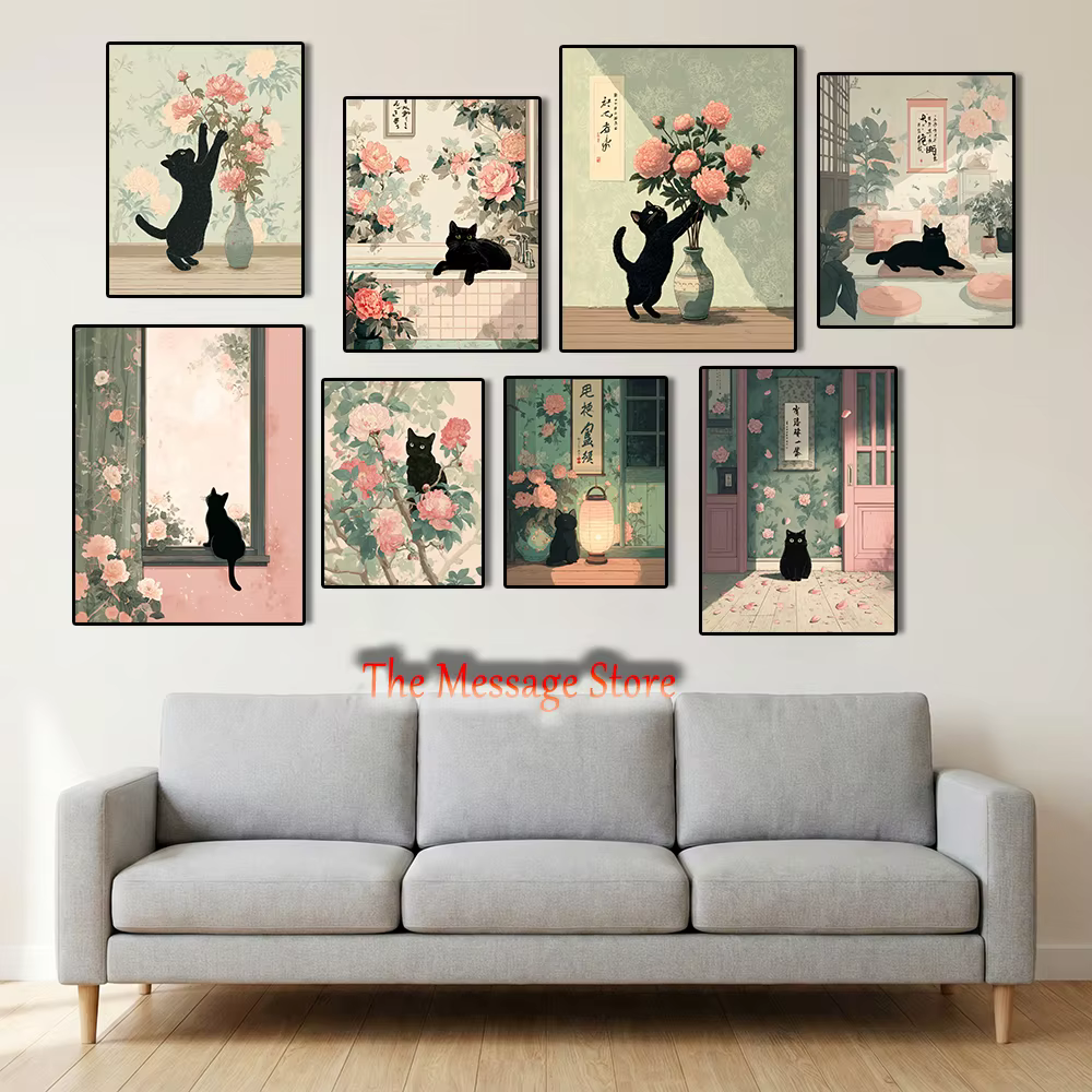 Japandi Black Cat Sian Minimalist Floral Traditional Japanese Style Room Wabi Sabi Cat Poster Canvas Painting Wall Picture Decor