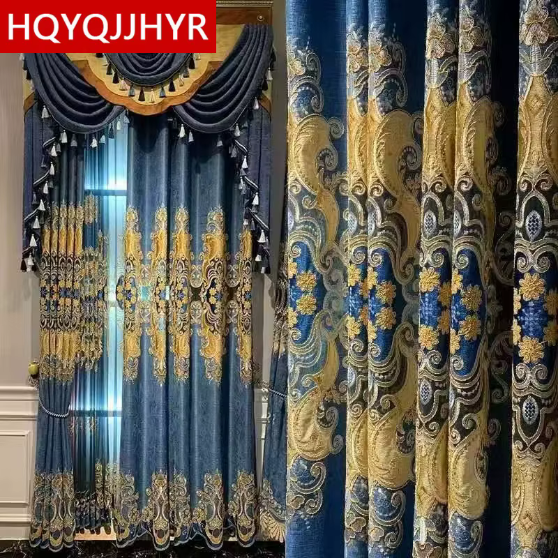 Nouveaux rideaux brodés bleus européens de luxe pour salon chambre cuisine hôtel étude