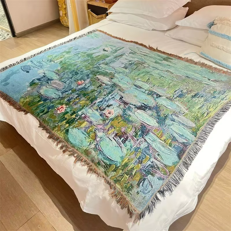 Monet peinture à l'huile Lotus couvertures pour lit artistique rétro décoration de la maison tapisserie canapé serviette fleur Camping pique-nique tapis couverture de lit