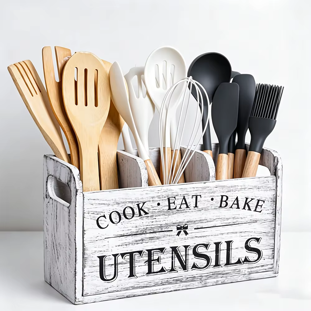 Porte-ustensiles de cuisine en bois rustique - Organisateur à 3 compartiments pour comptoir et mur