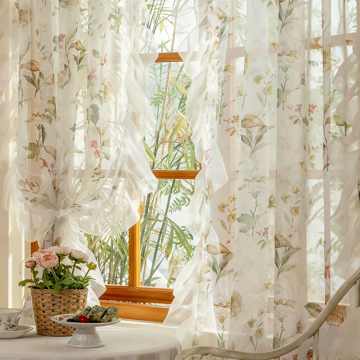 1 rideau transparent à volants motif floral camélia