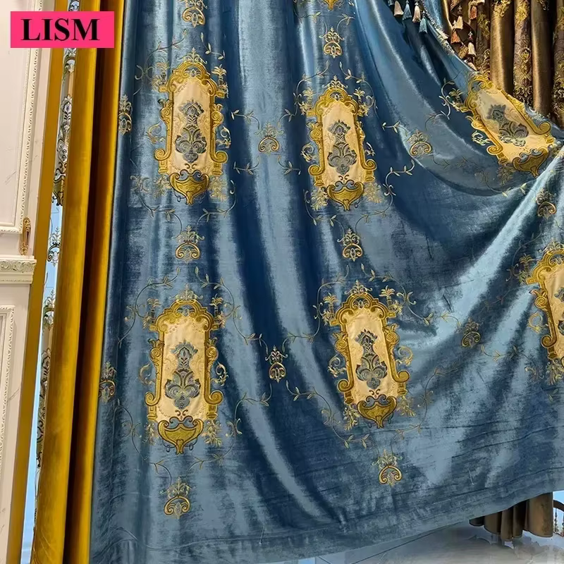 Rideaux européens de luxe pour salon chambre occultant brodé bleu velours fenêtre décor personnalisé élégant cantonnière dentelle Tulle