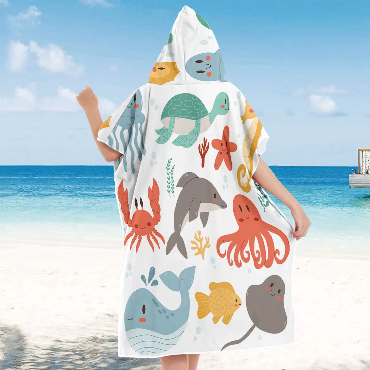 1 pièce Poncho de bain à capuche à imprimé animaux marins mignon
