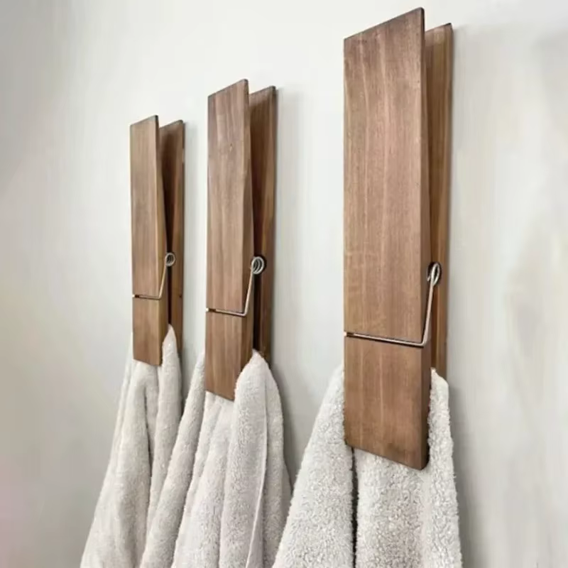 Porte-serviettes géant en bois rustique – Crochet de salle de bain mural