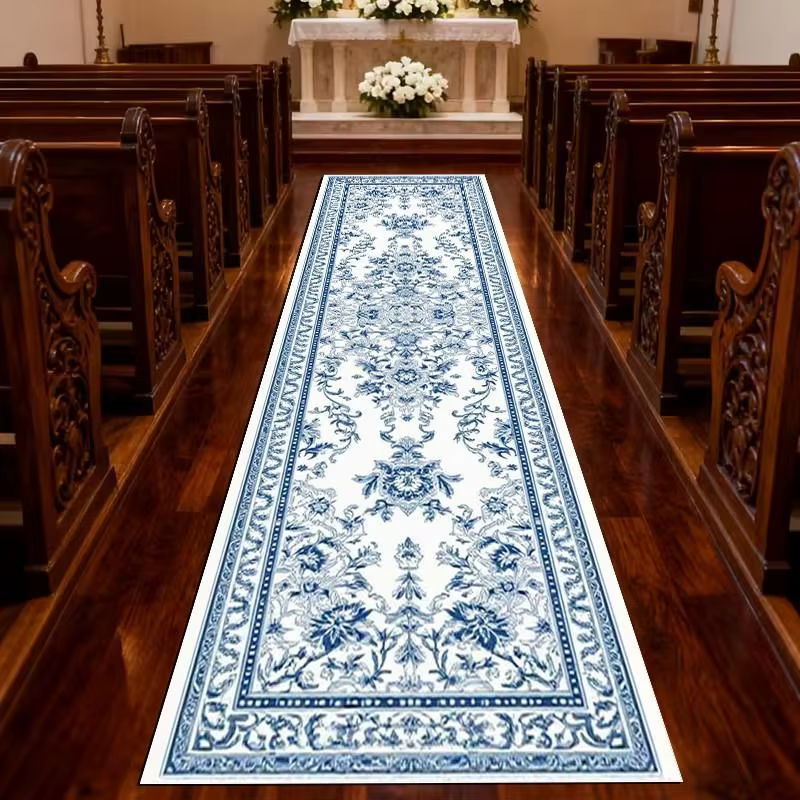 VIKAMA Tapis de couloir antidérapant en porcelaine bleue et blanche à imprimé floral