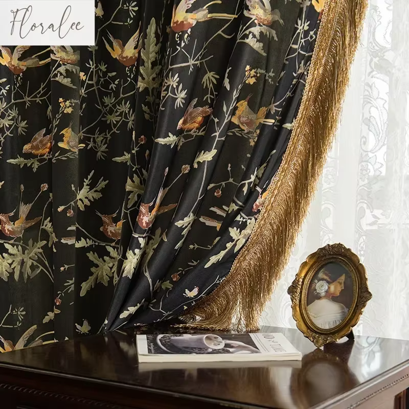 Nouveaux rideaux imprimés noirs romantiques à la française sur mesure pour salon