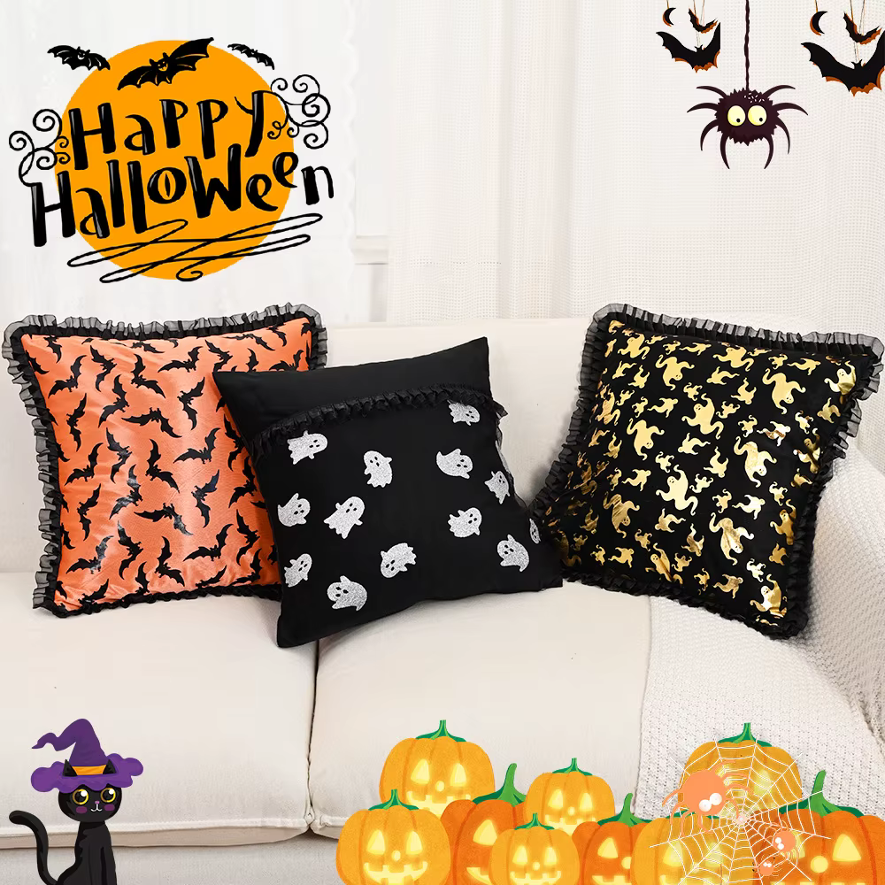 Housse de coussin Halloween 45x45 motif chauve-souris et fantôme