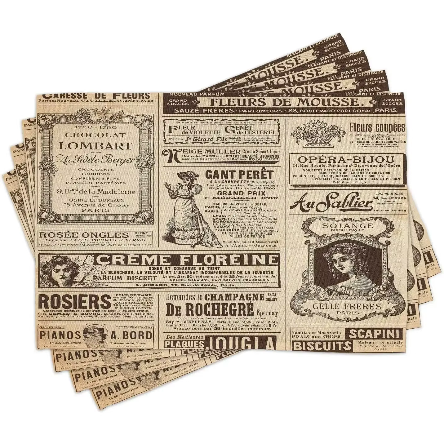 Paris Place Mats Lot de 4 vieux journaux Journal papier français lettrage Art Design napperons en tissu lavable pour table à manger
