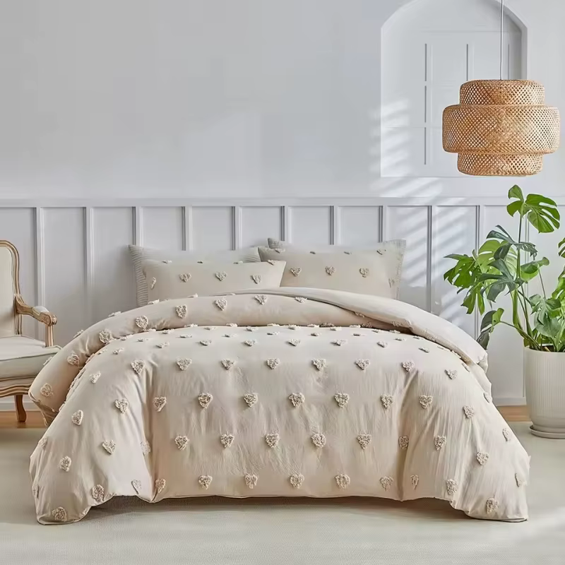 Parure de lit tuftée motif cœur 2/3 pièces en polyester doux kaki – Housse de couette + taie d'oreiller – Linge de lit pour lit simple ou king size – Ropa De Cama Casal
