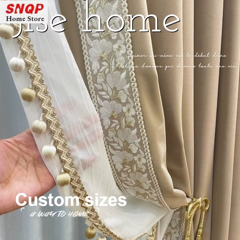 Rideaux européens en dentelle brodée en velours Beige