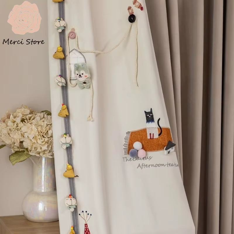 Rideaux brodés de dessin animé chat étoile