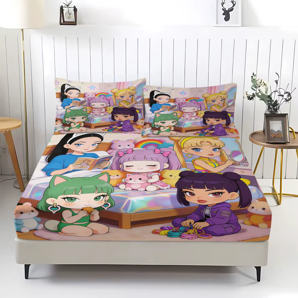 Ensemble de draps ajustés imprimés Cute Chibi BUBBLE WORLD