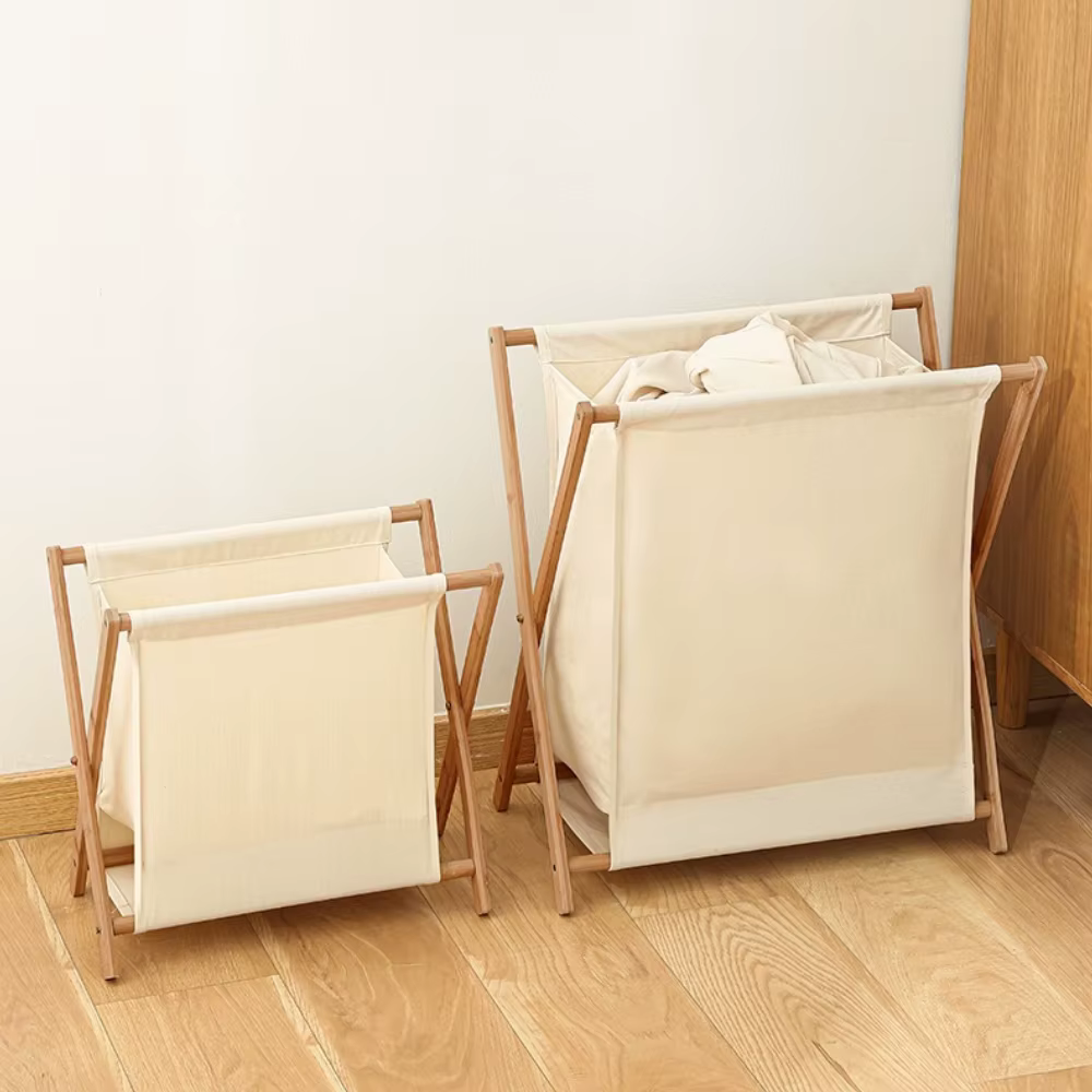 Panier à linge pliable pour salle de bain avec cadre en bois