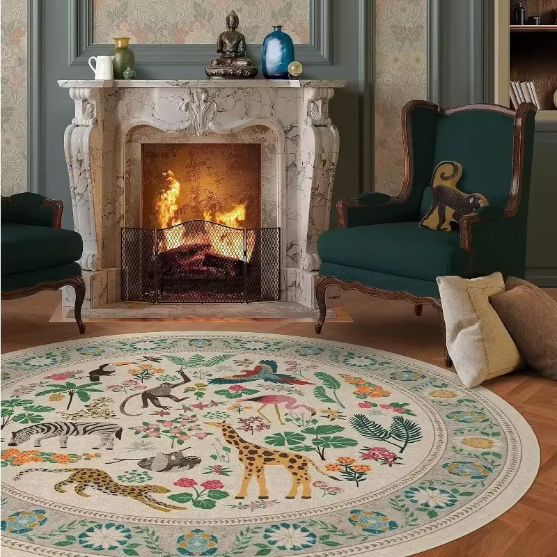 Tapis de salon rond, imprimé animaux de la jungle rétro