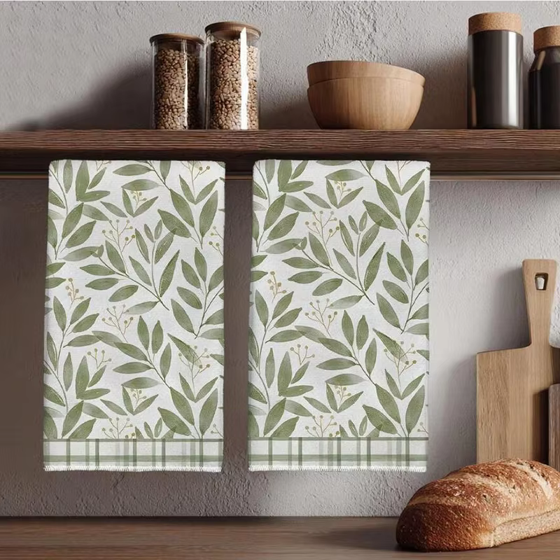 Lot de 2 serviettes de cuisine à motifs de feuilles vertes avec bords quadrillés