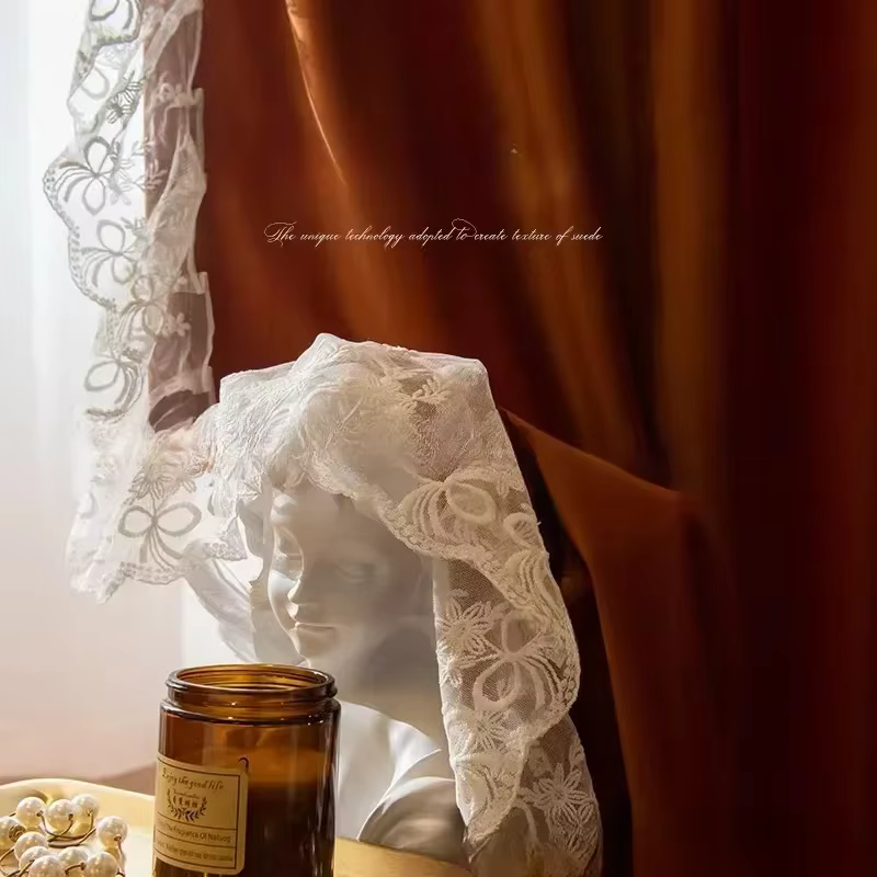 Rideaux de Luxe en Velours Caramel et Dentelle pour Salon et Chambre à Coucher
