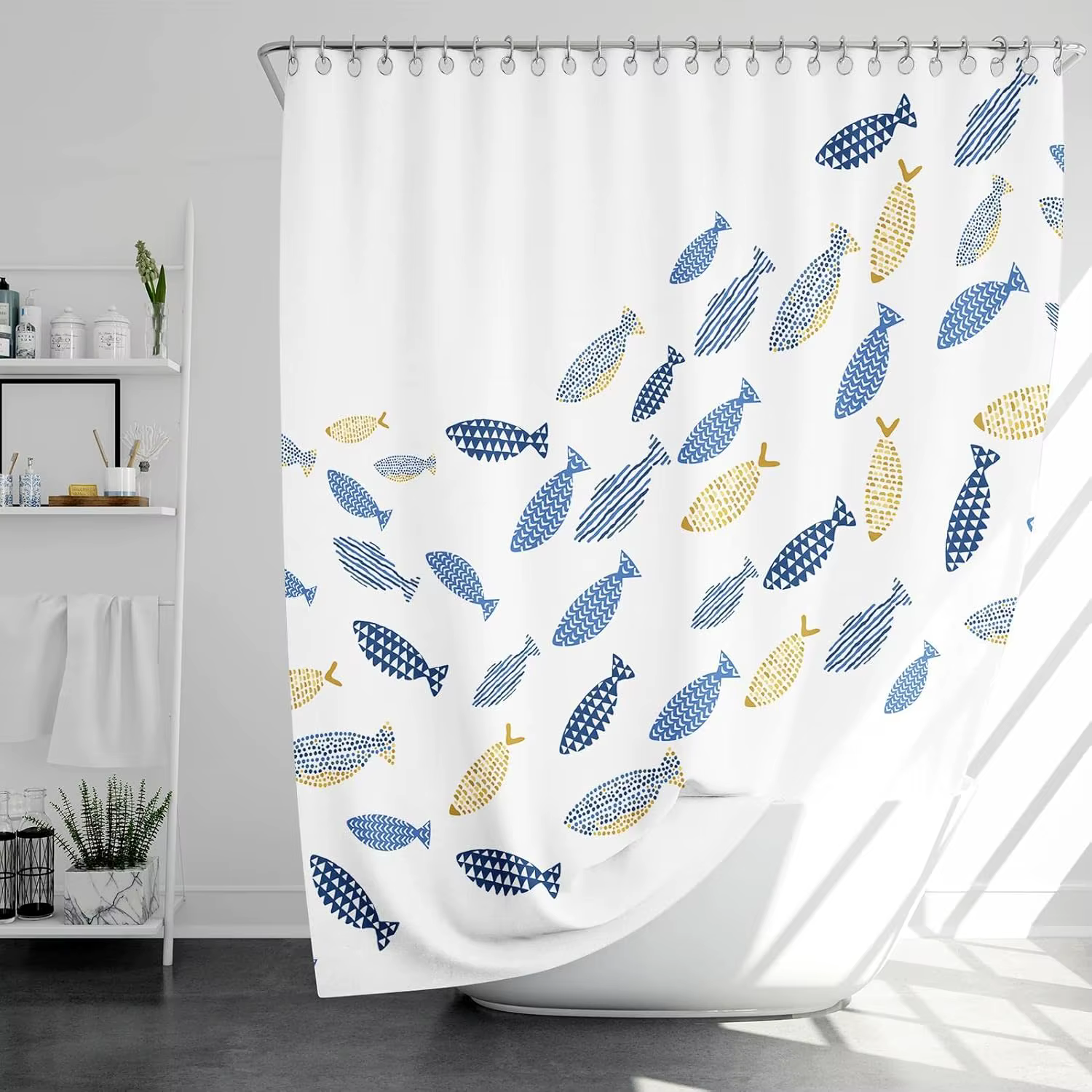 Rideau de douche minimaliste poisson de natation abstrait
