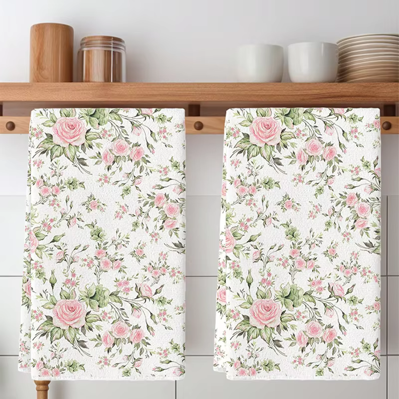 2 pièces, serviettes de cuisine roses romantiques de style français