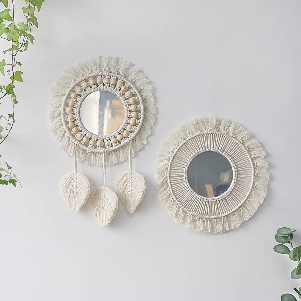 Miroir mural rond en macramé