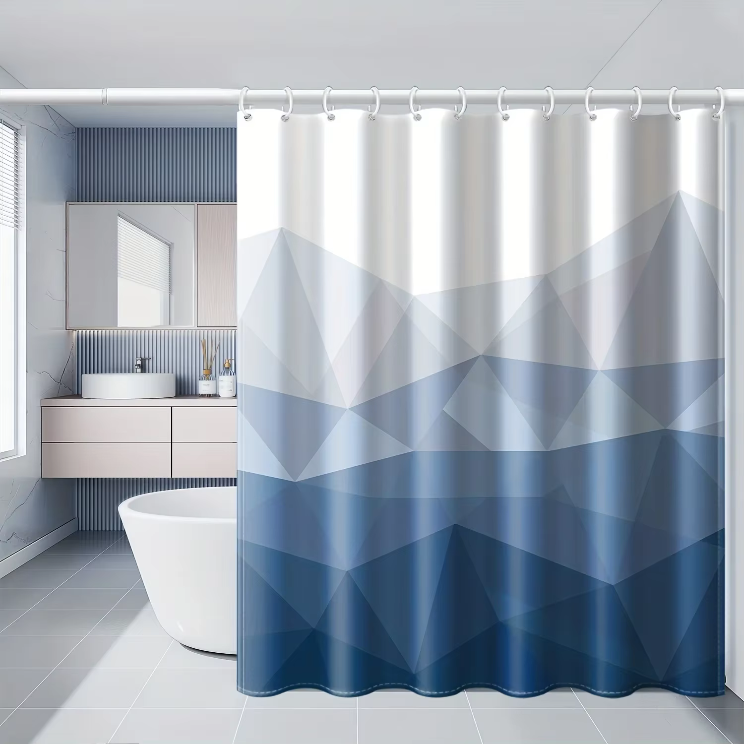 Rideau de douche imperméable géométrique bleu et blanc élégant – Parfait pour ajouter un toucher moderne
