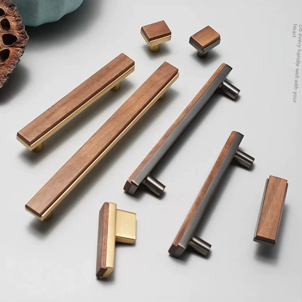 Poignées d'armoire de luxe en noyer noir-poignées de meubles en alliage de Zinc en bois massif pour armoires de cuisine et boutons d'armoires