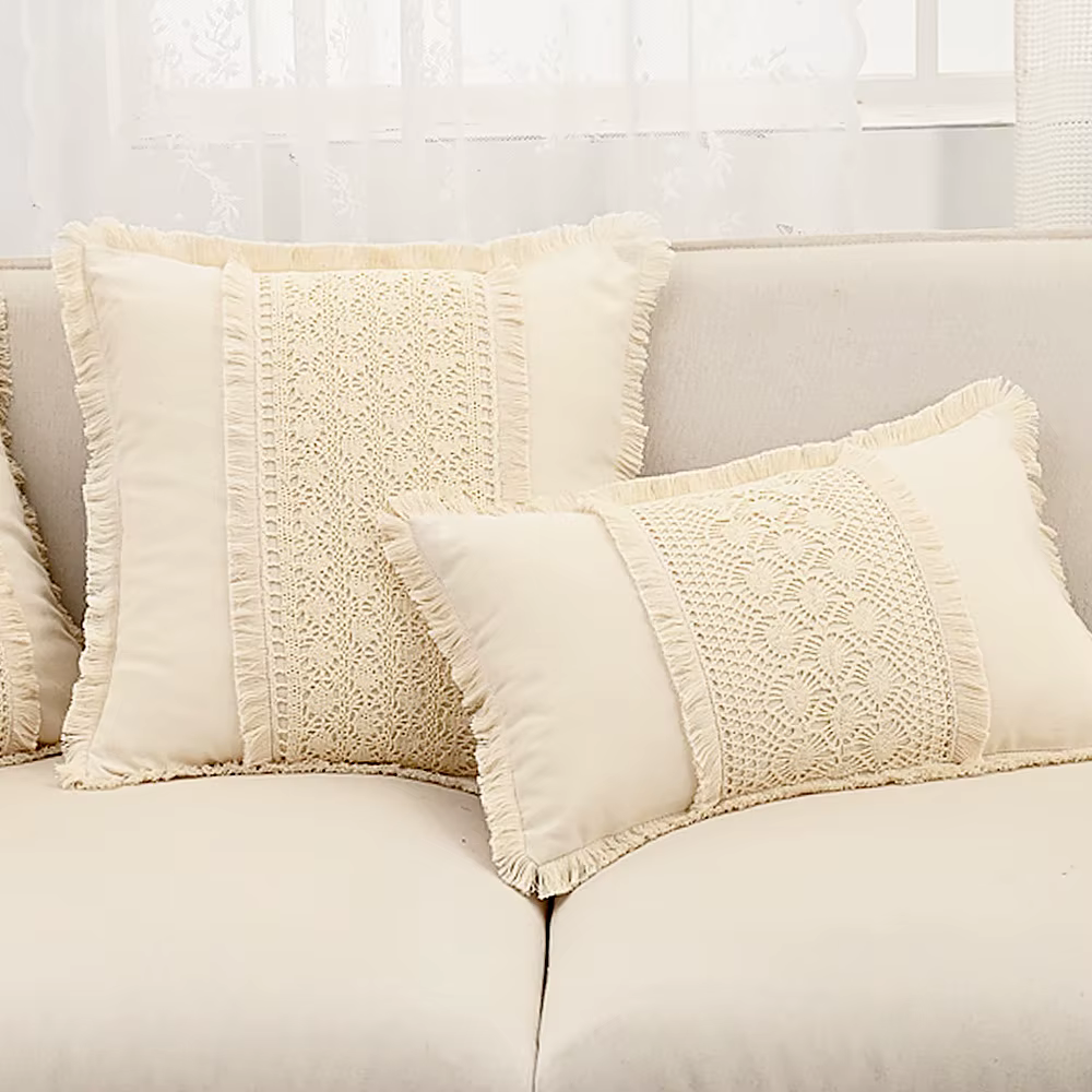 Housse de coussin bohème en coton et lin au Crochet