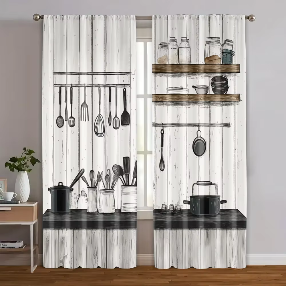 VIKAMA rétro cuisine ustensile rideau noir blanc bois Grain motif occultant maison