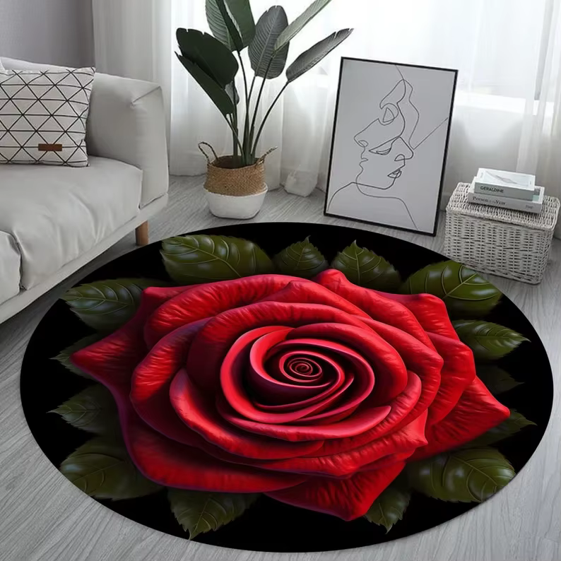 Tapis rond motif rose rouge