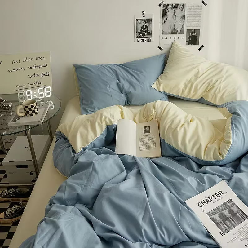 Parure de lit 4 pièces en coton double lavage couleur unie de haute qualité pour dortoir étudiant