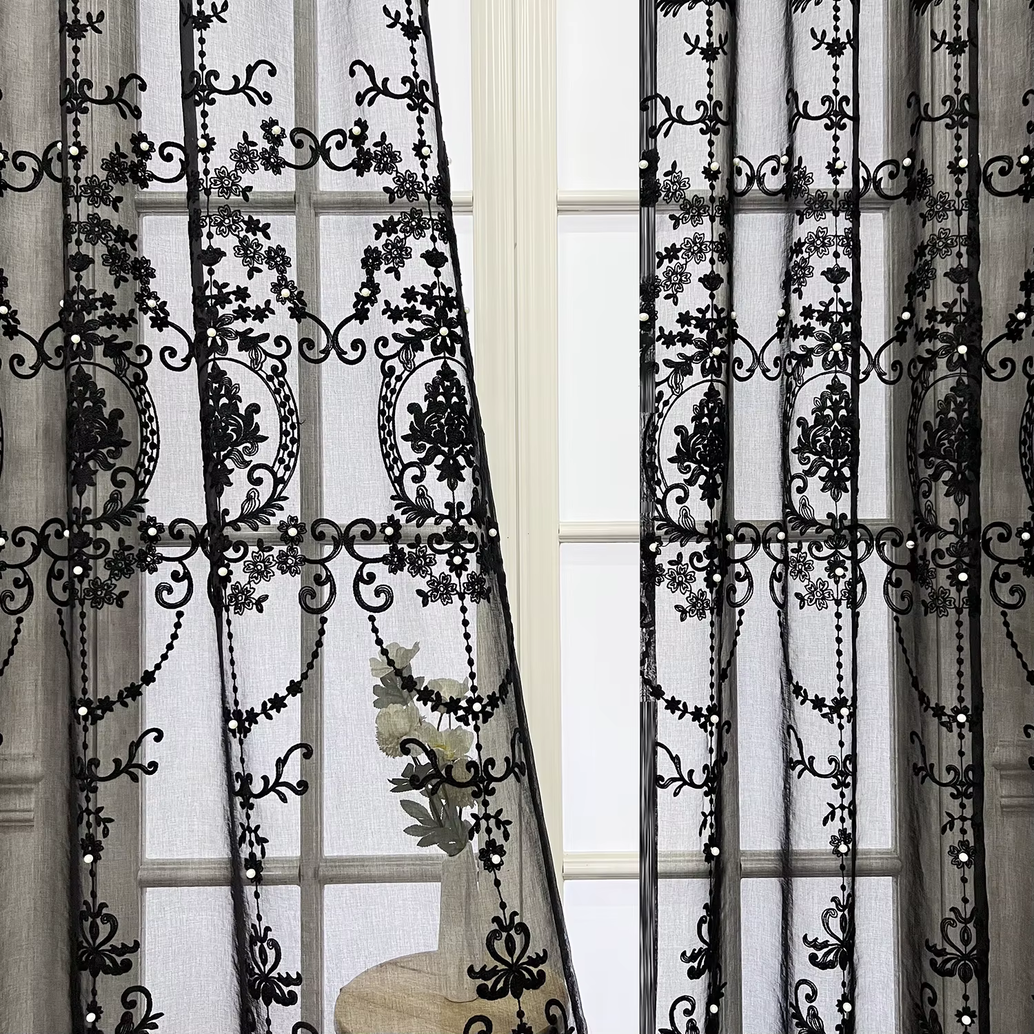 Rideau transparent noir brodé de perles en dentelle de luxe européen