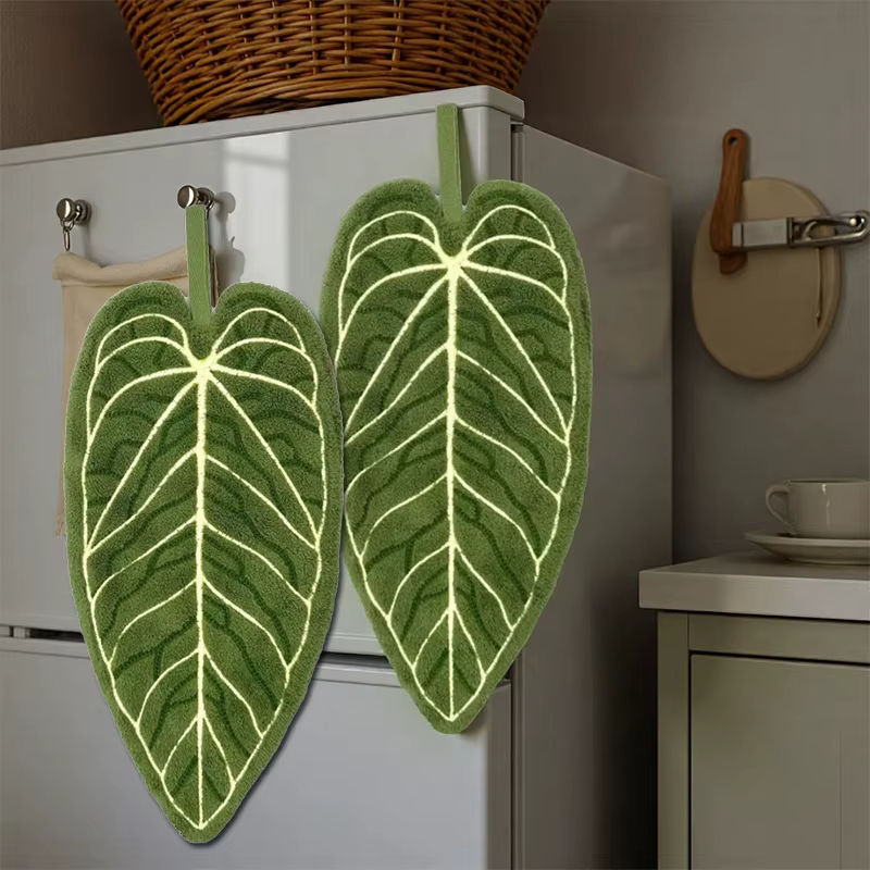 Serviettes végétales Ultra-Absorbantes à séchage rapide pour salle de bain et cuisine – Serviette pour les mains/pouces au design de feuilles tropicales avec boucle de suspension