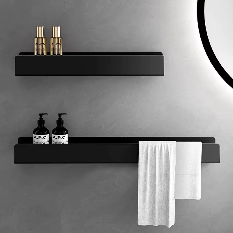 Support de salle de bain noir minimaliste de luxe avec porte-serviettes-miroir intégré avant toilette