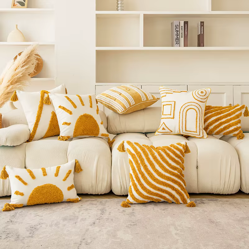 Juste de coussin capitonnée jaune doré Boho
