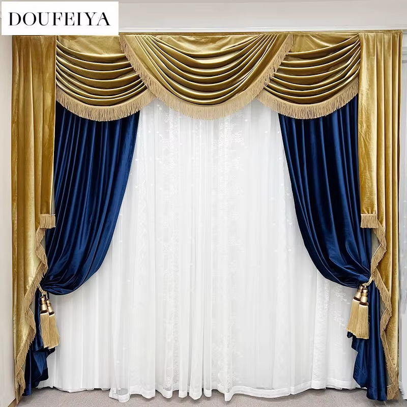 Rideaux de luxe européens en velours bleu doré