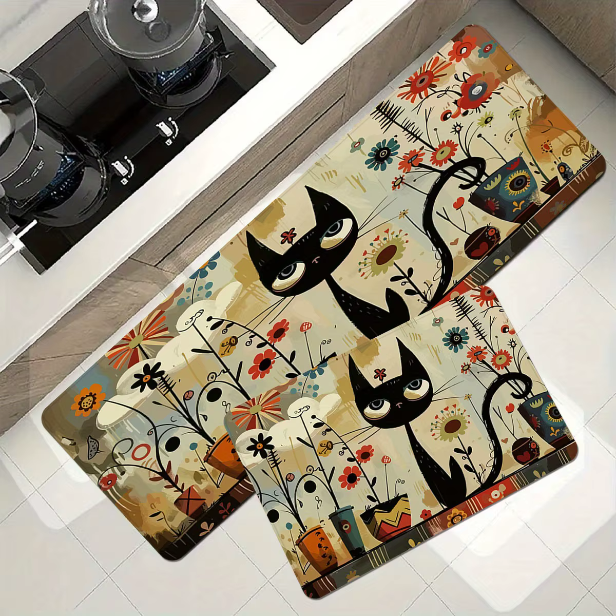 VIKAMA – tapis de cuisine à motif de chat noir