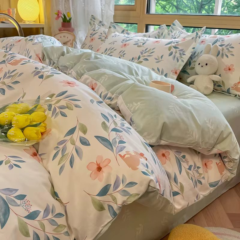Parure de lit en coton imprimé feuilles de haute qualité