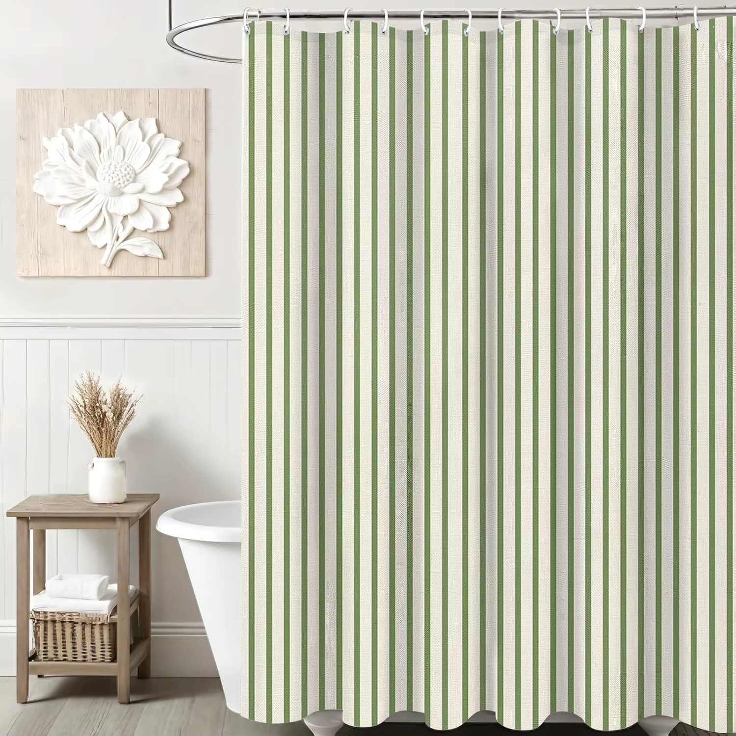 Rideau de douche rayé vert sauge et beige