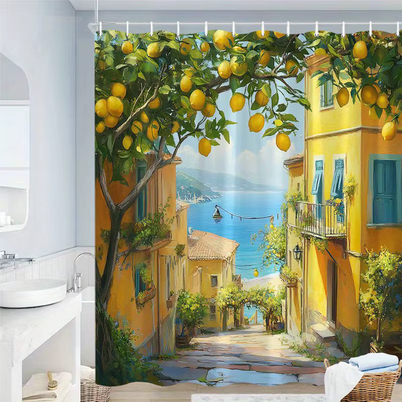 Rideau de douche imperméable avec un charmant village méditerranéen avec des arbres-citron et vues côtières pour une salle de bain relaxante