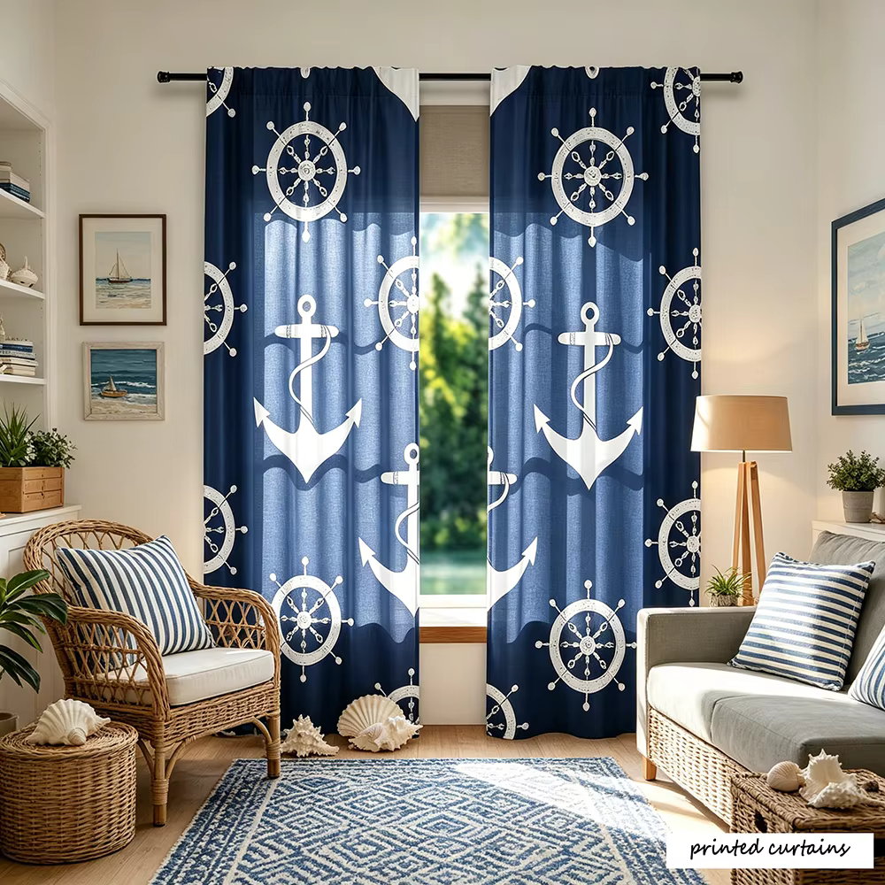 Rideaux Ancrage Style Nautique Rustique Vintage Bleu Marine et Blanc pour Chambre