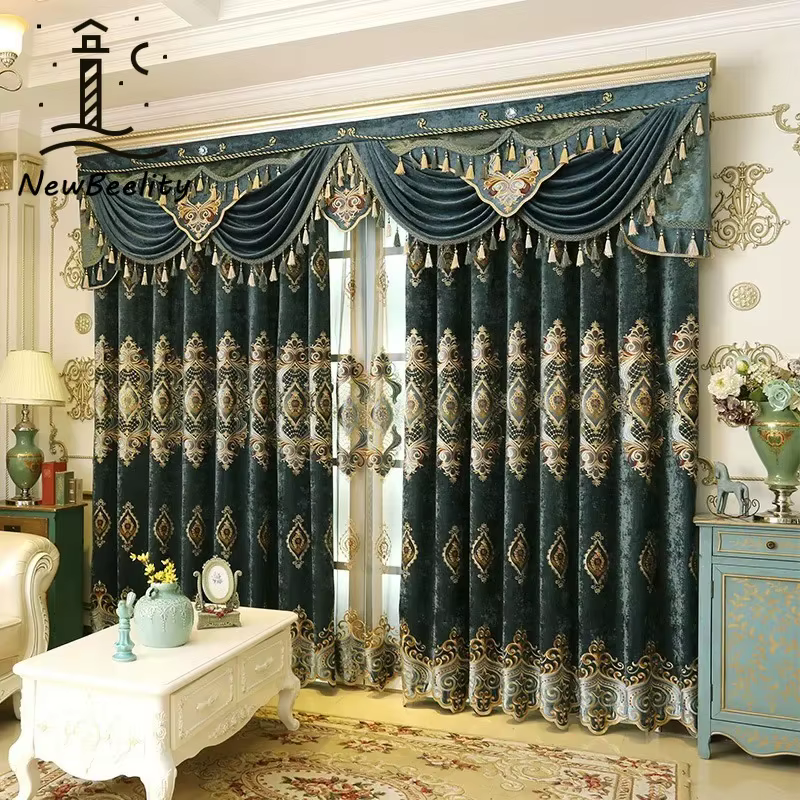 Rideaux de fenêtre en tissu Chenille bleu brodé lourd de luxe de Style européen pour salon chambre à manger du sol au plafond