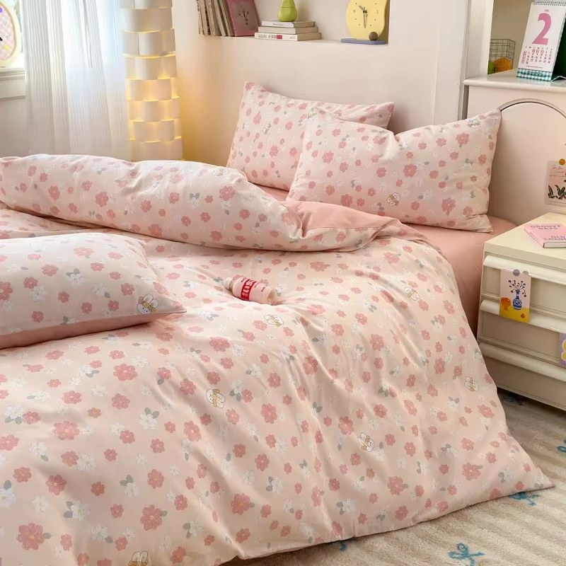 Parure de lit 4 pièces 100% coton (1 housse de couette 2 taies d'oreiller 1 drap)