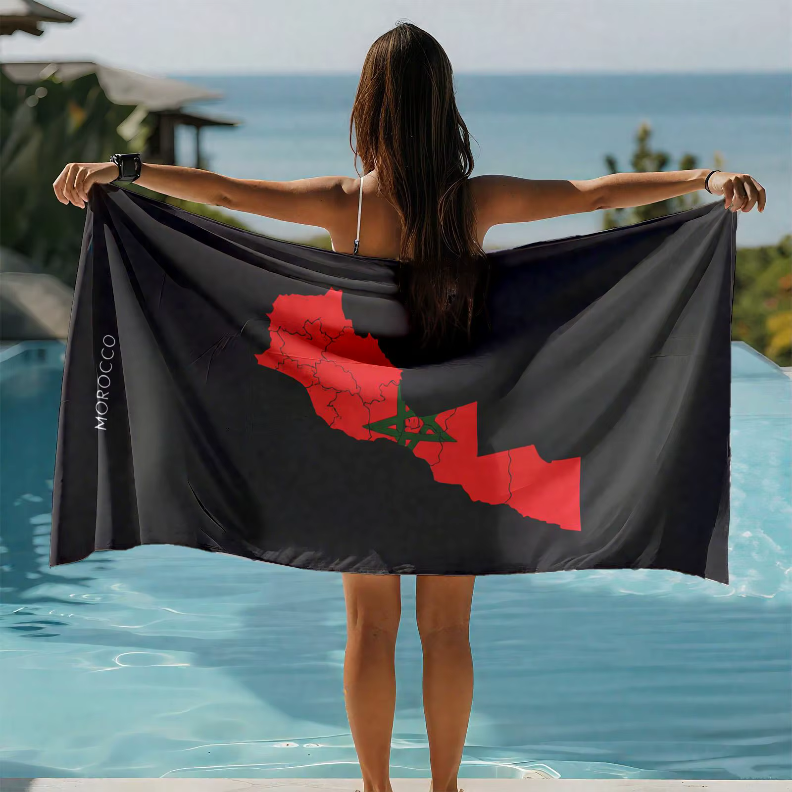1 pièce Serviette de plage en microfibre imprimée en 2D avec carte du Maroc et drapeau national